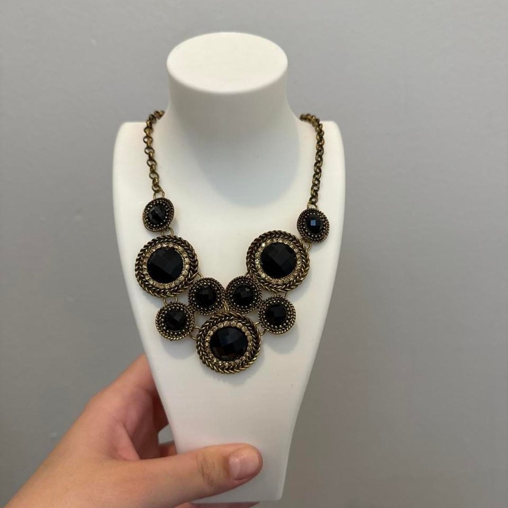 Black Faceted Statement Necklace Gold Tone Chunky Gothic Bib Glam Y2K
